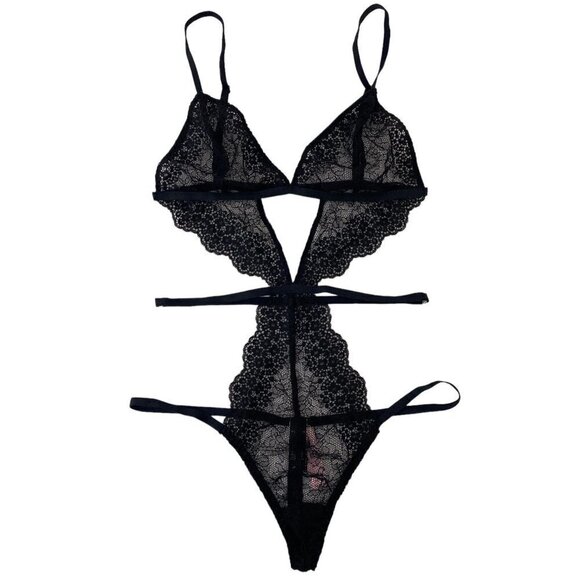 Victoria's Secret Very Sexy Strappy Lace Teddy, Chantilly Black Thong Back Small - Picture 4 of 8